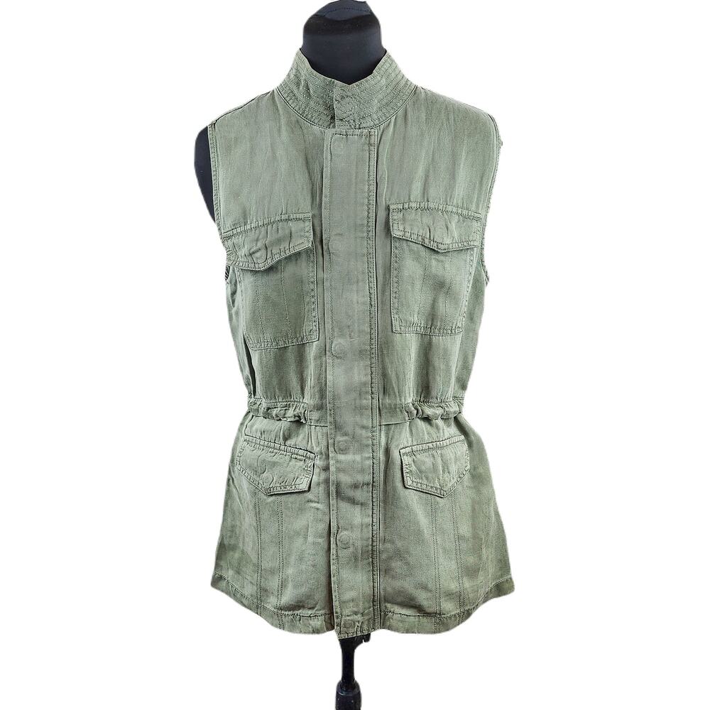 Sanctuary Womens Military Inspired Vest Green Large Drawstring Waist Linen Blend
